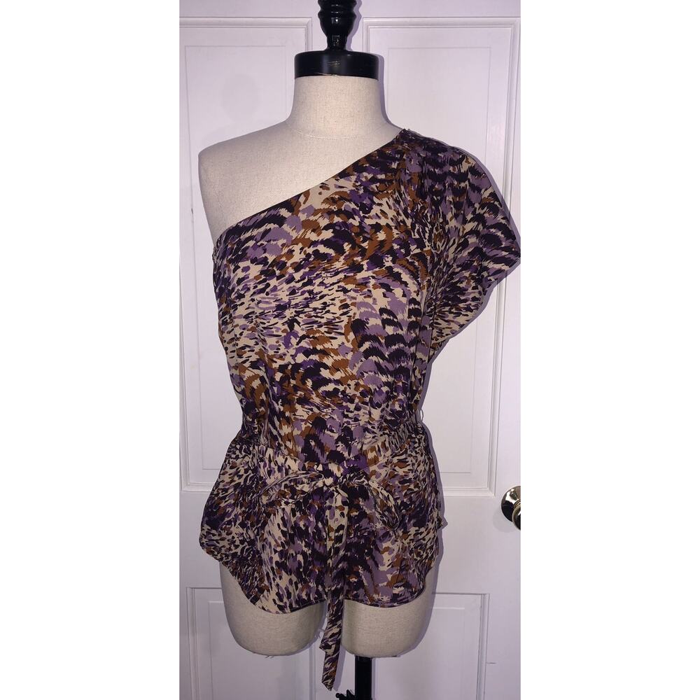 Banana Republic Purple Print Polyester One Shoulder Blouse Top Belted Womens XS
